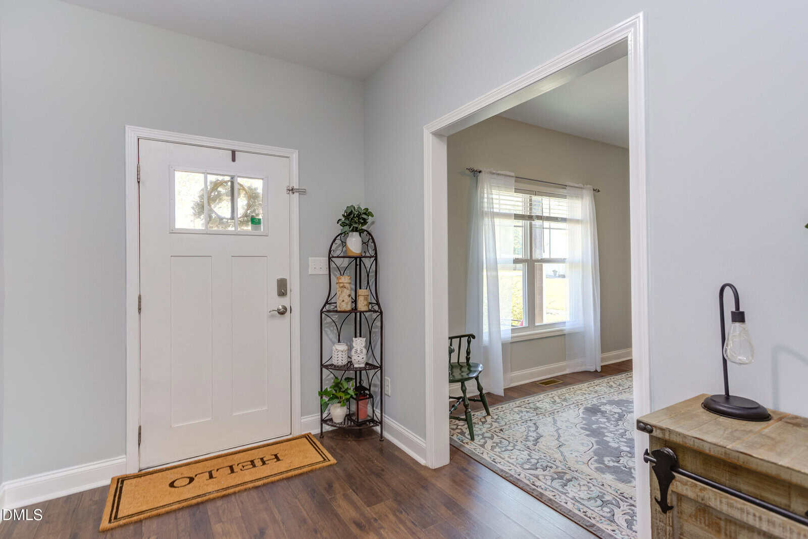 Bright entryway with white front door, a welcome mat that says "HELLO," small shelf holding plants, and an adjacent room with a window, curtain, and patterned rug visible through an open doorway.