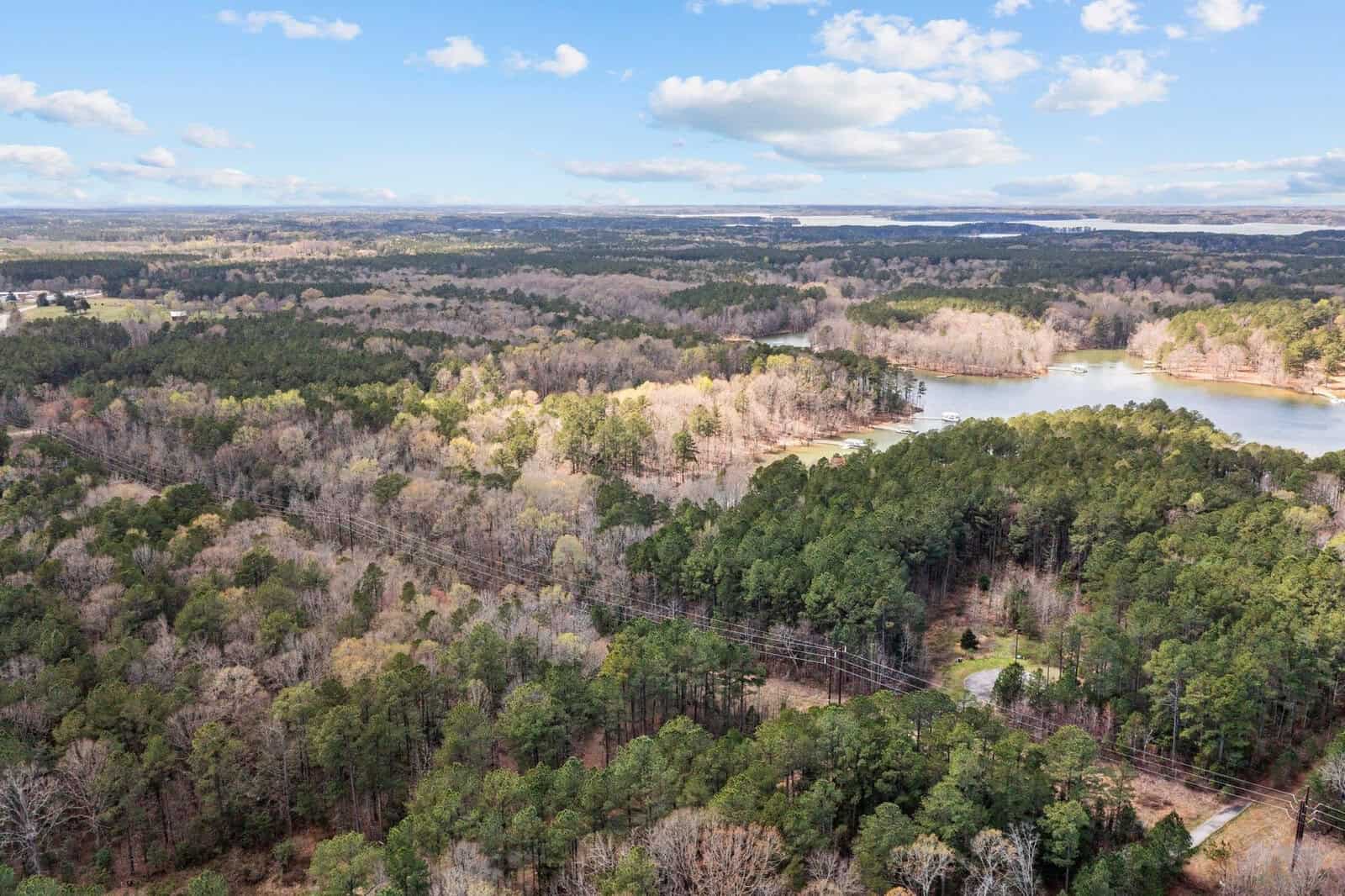 Aerial view of a forested landscape with a winding road, a small lake, and power lines running through the trees under a partly cloudy sky.