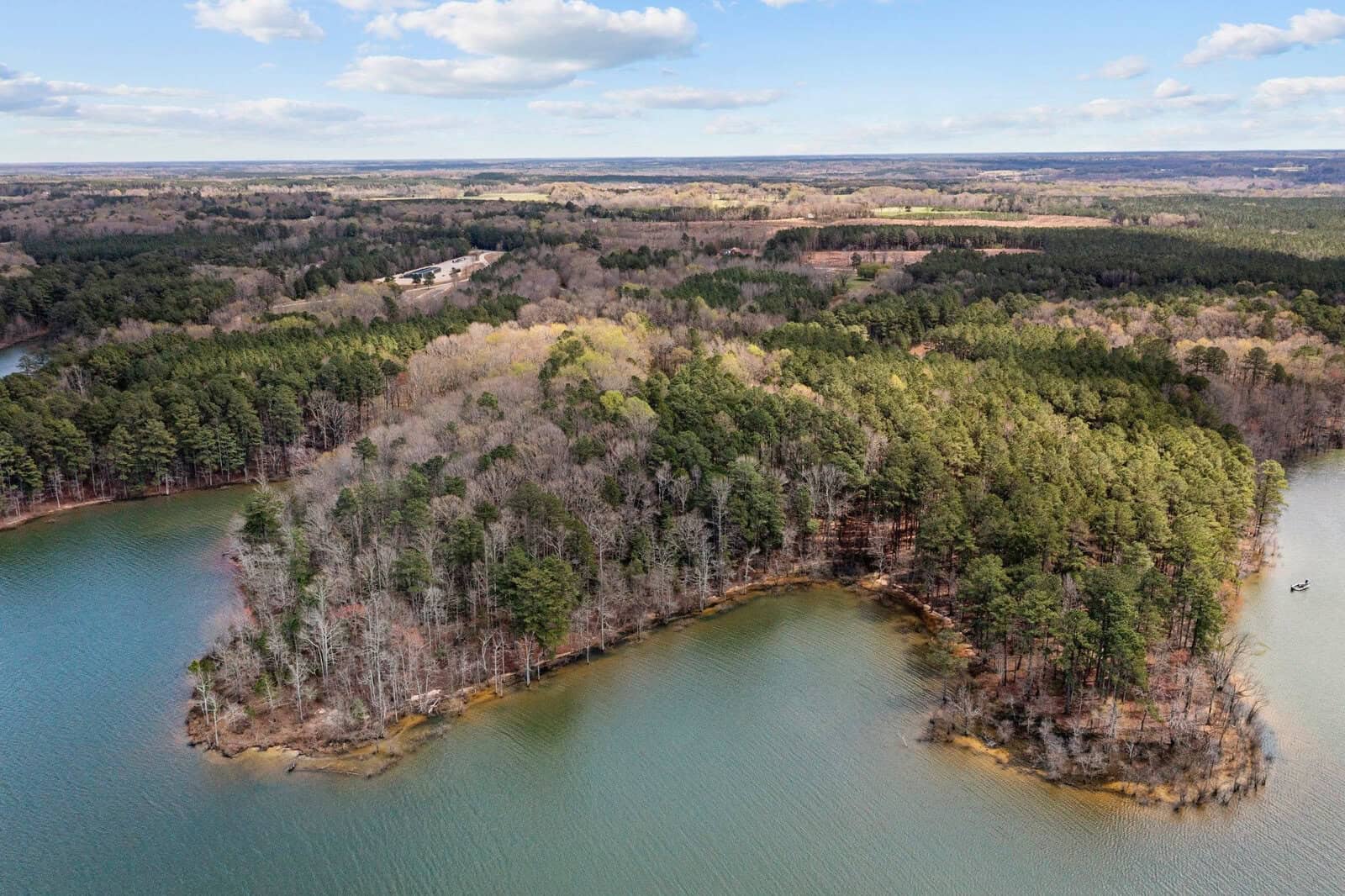 Aerial view of a wooded peninsula surrounded by calm water, with mostly green trees and some bare trees, under a partly cloudy sky. A distant road and hills are visible in the background.