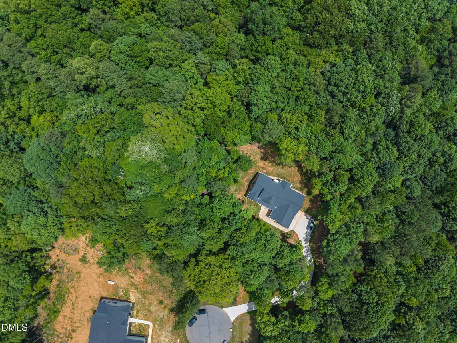 Aerial view of a wooded residential area with two houses, a cul-de-sac, and dense green trees surrounding the properties and partially covering the ground.