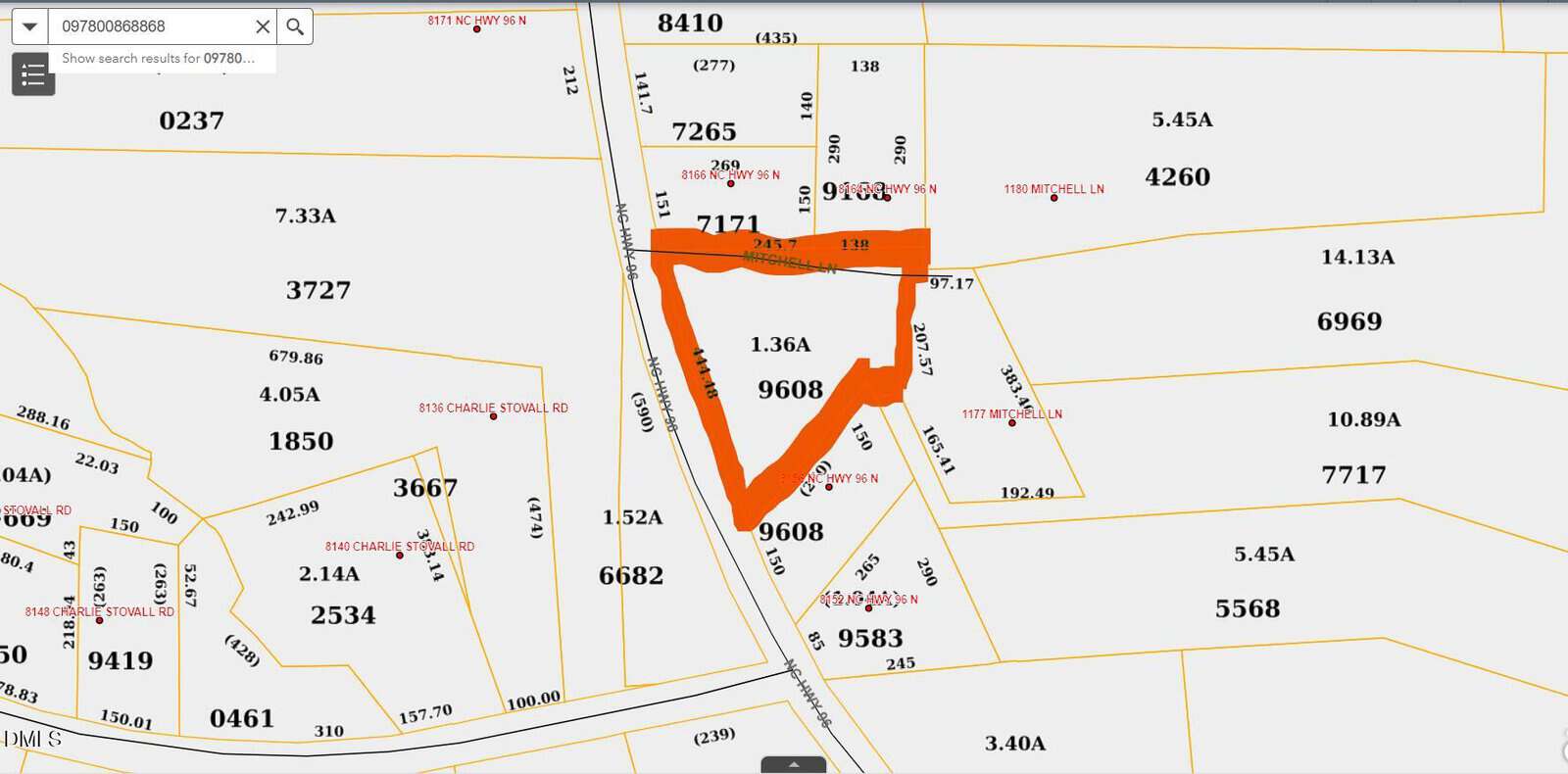 A map shows several numbered land parcels with black boundary lines and parcel numbers. A triangular-shaped parcel labeled 9608, highlighted in orange, is located near 3 Hwy 96 Street in Oxford. Surrounding parcels are labeled with various numbers.