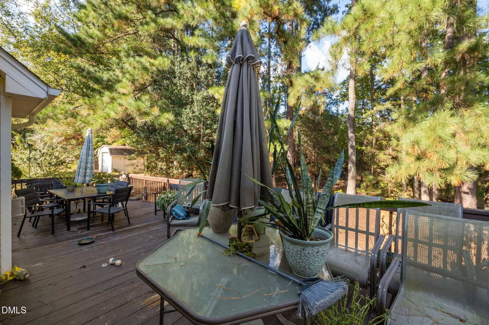 A wooden deck with patio furniture, including tables, chairs, umbrellas, and potted plants. The area is surrounded by tall pine trees and lush greenery under a partly cloudy sky.