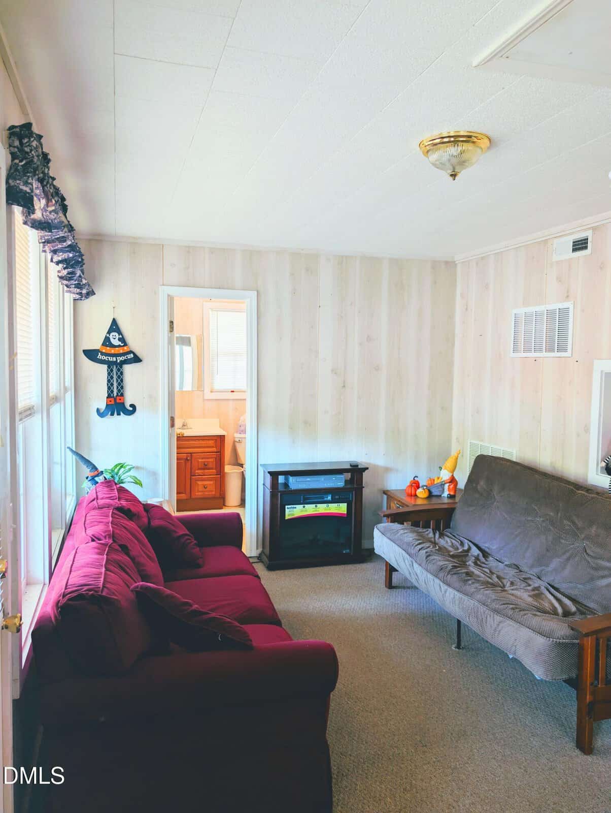 Small living room with a maroon sofa, gray futon, electric fireplace, and wall decor. A doorway leads to a bathroom with a wood vanity. Light wood paneling covers the walls, and sunlight streams through the window.