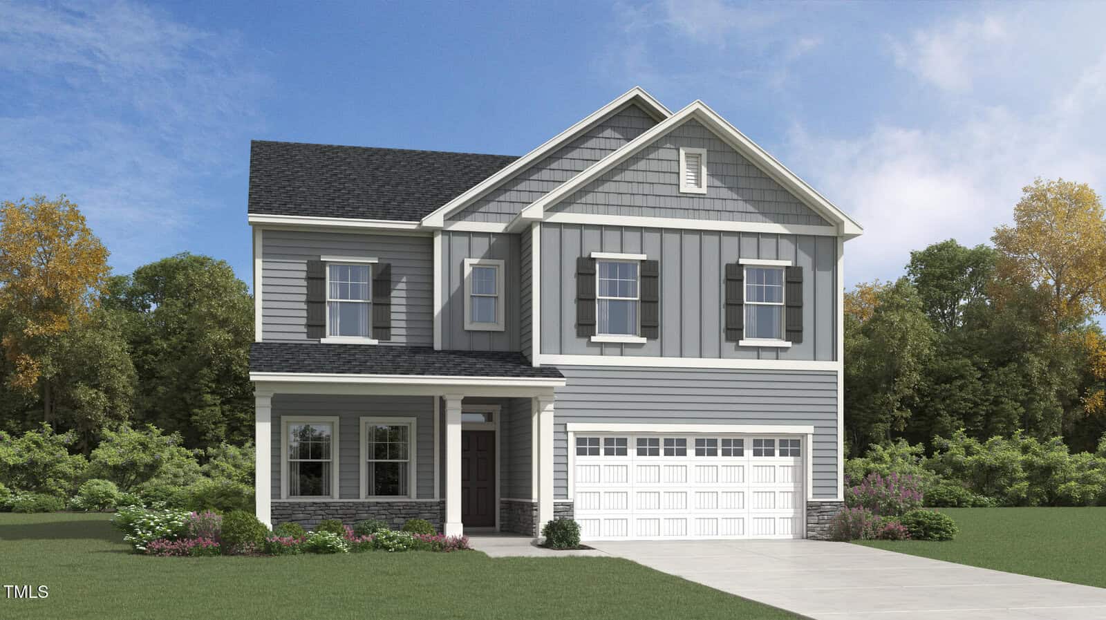 A two-story gray house with white trim, double garage, front porch, and a well-kept lawn, surrounded by greenery and trees under a partly cloudy blue sky.