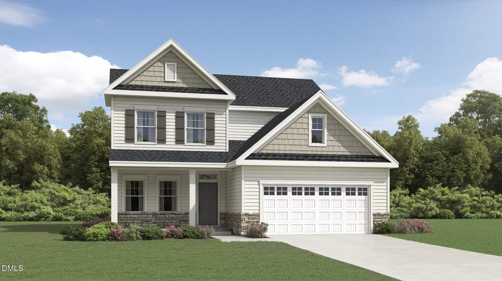 Two-story suburban house with light siding, a covered porch, double garage, and stone accents. Situated at 50 Turnberry Court in Franklinton, this home features a green lawn and small bushes in front, with trees and blue sky in the background.