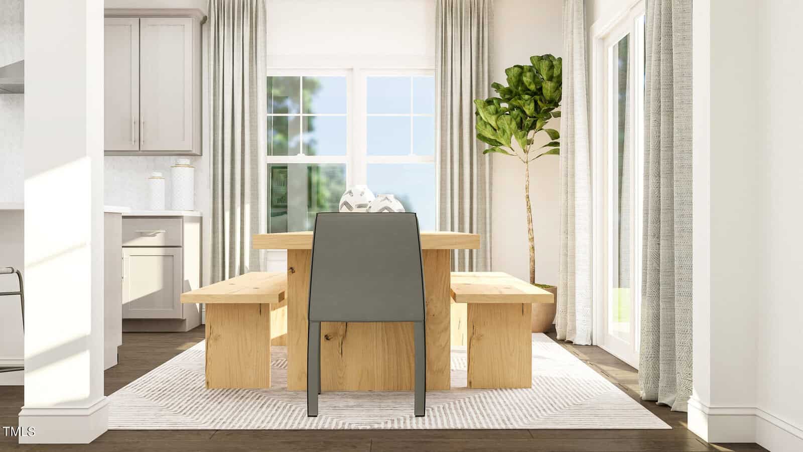 Bright dining area with a wooden table, two matching benches, and a dark gray chair at the end. Large windows with sheer curtains let in natural light, and a tall potted plant stands in the corner.