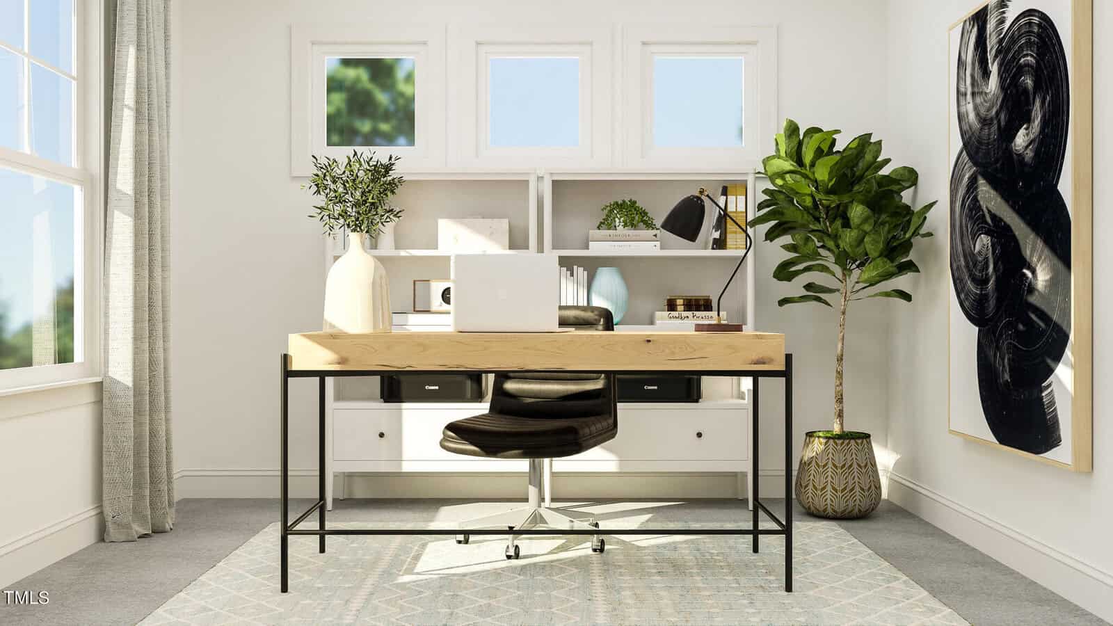 A modern home office with a wooden desk, black chair, open laptop, books, plants, and decorative items. White walls, shelves, abstract artwork, and large windows create a bright, organized workspace.