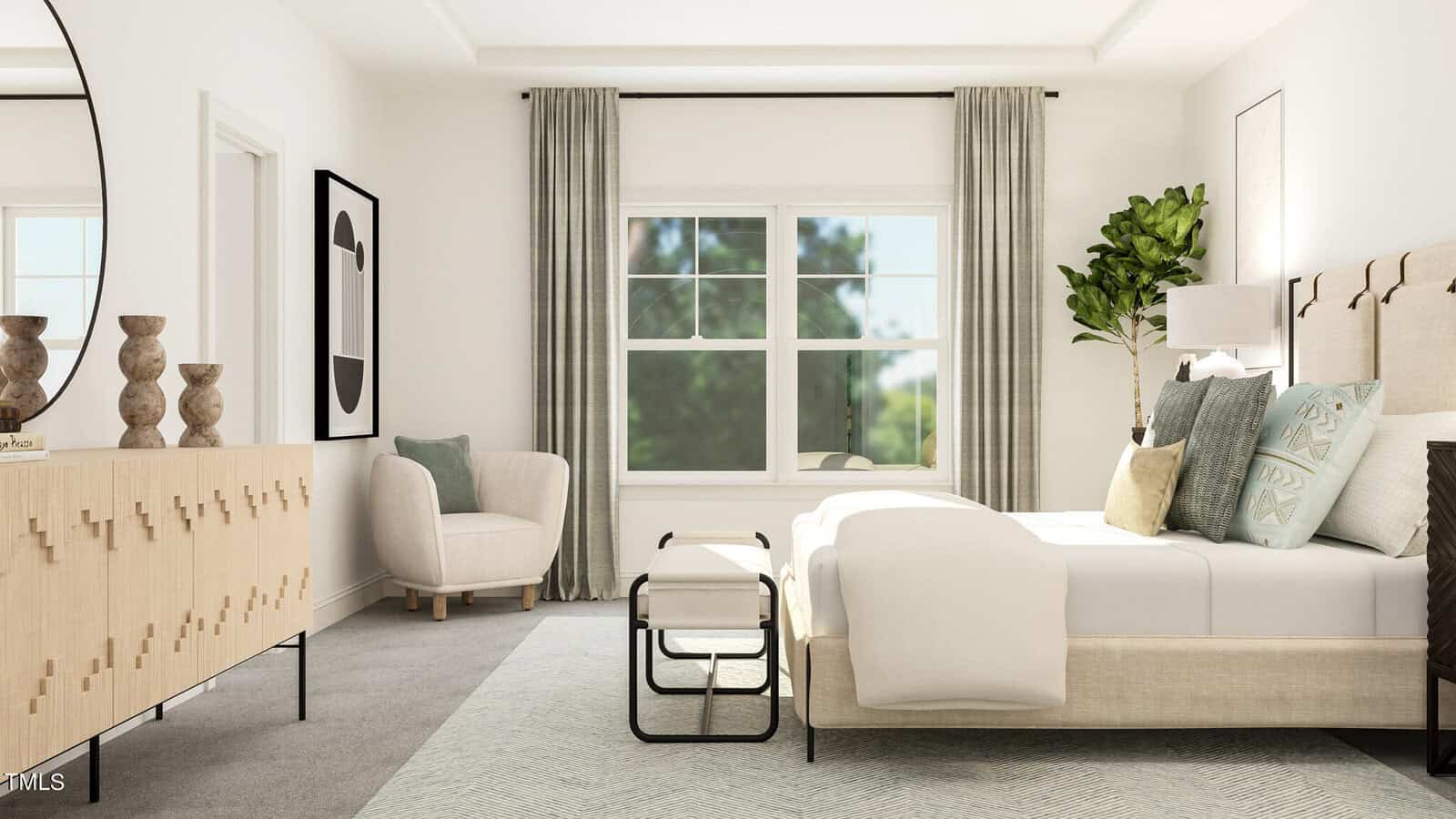 Bright bedroom with a large window, bed with pillows and blanket, cushioned bench, armchair, sideboard with vases, wall art, and a potted plant; neutral tones and modern decor.