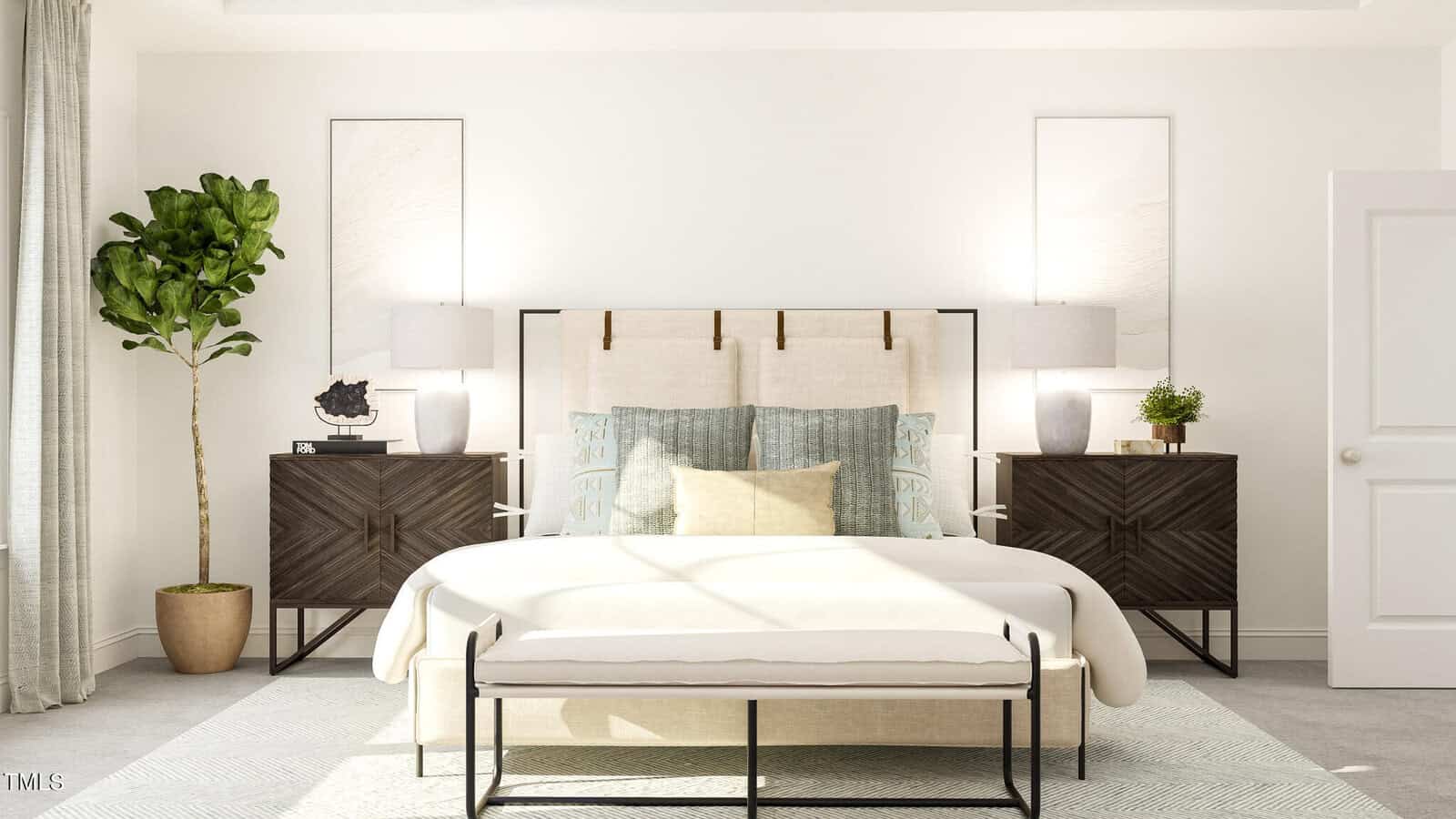 A modern, minimalist bedroom with a beige bed, multiple pillows, two dark wood nightstands, a bench at the foot of the bed, a potted plant, lamps, and neutral decor in a bright, sunlit space.