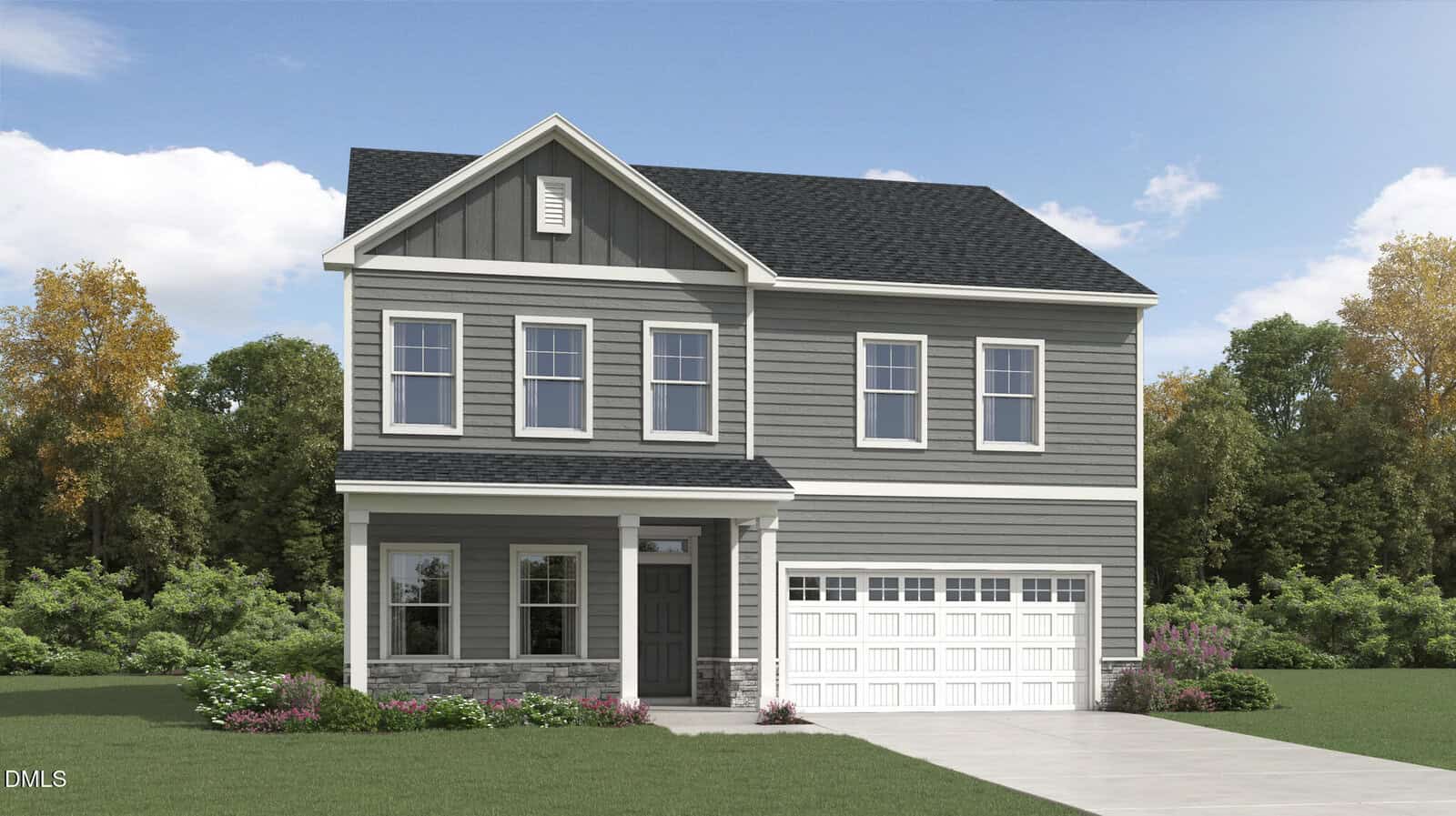 A two-story modern gray house with white trim, a covered front porch, and a double garage. The house has multiple windows and is surrounded by green grass, shrubs, and trees under a partly cloudy sky.