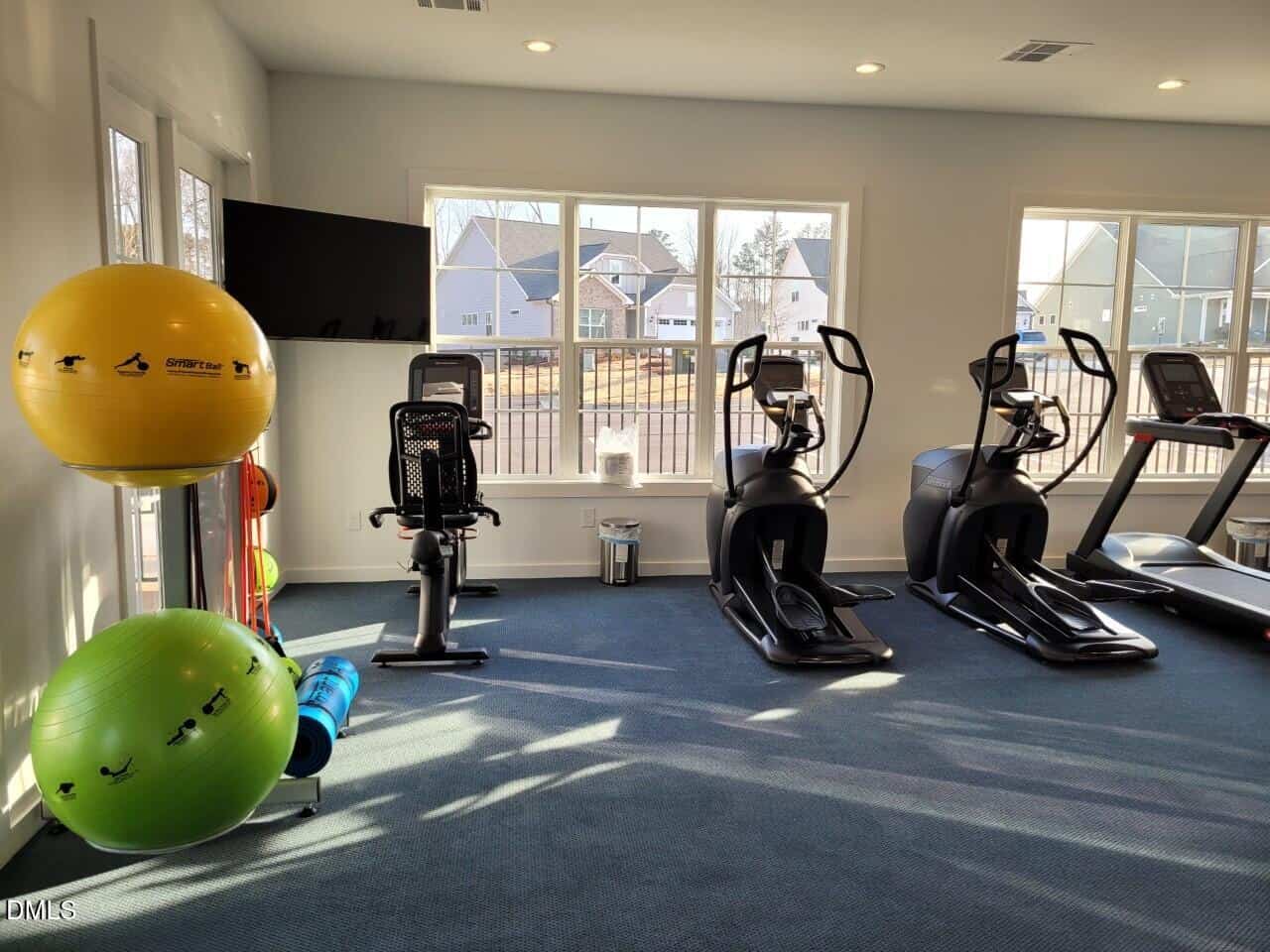 A gym room with two elliptical machines, a stationary bike, a treadmill, three large exercise balls, and several yoga mats. Large windows let in natural light and provide a view of houses outside.