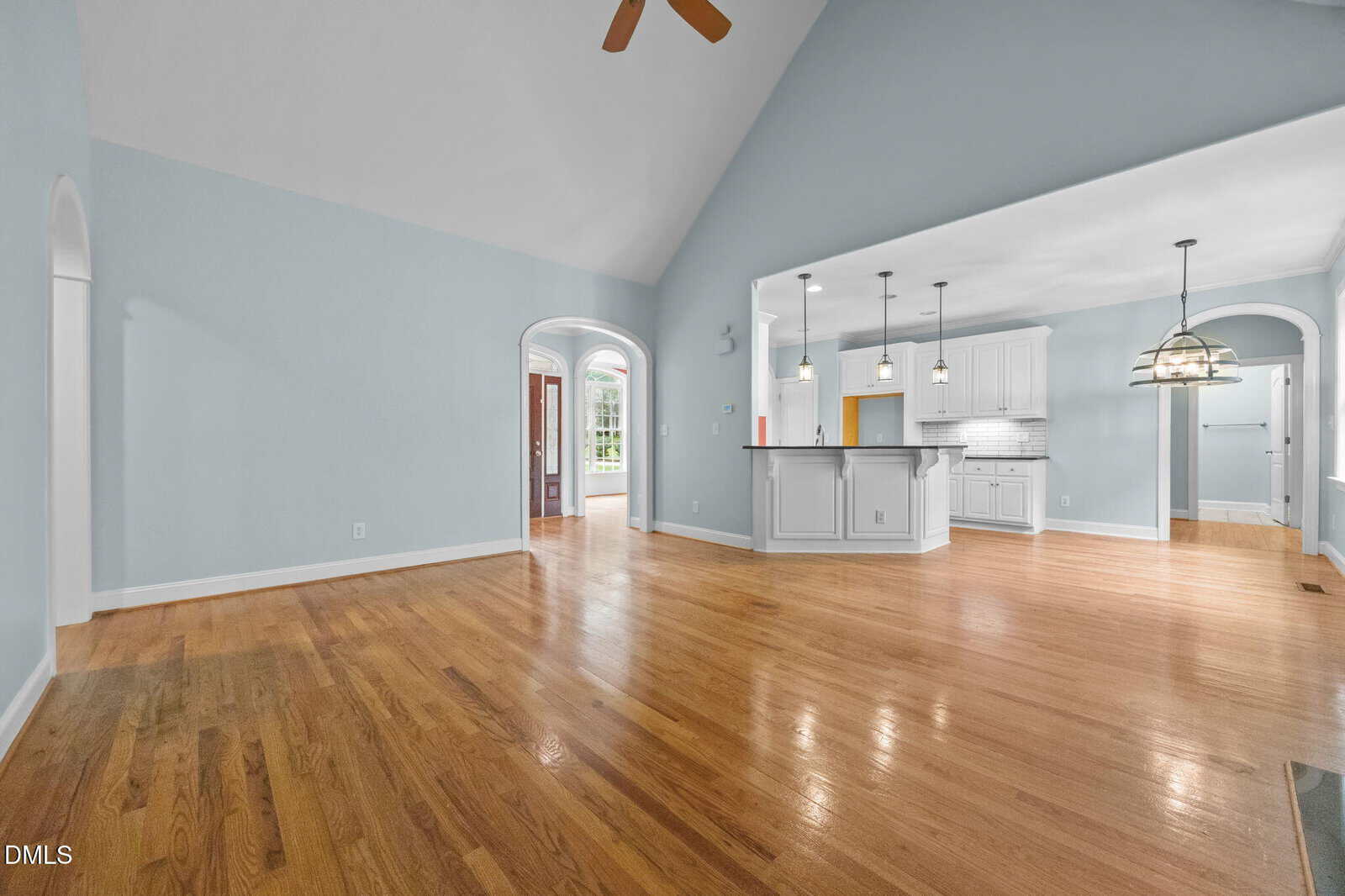 Spacious open-concept room with light blue walls, hardwood floors, vaulted ceiling, and a ceiling fan. The room leads to a kitchen with white cabinets, pendant lights, and arched doorways.