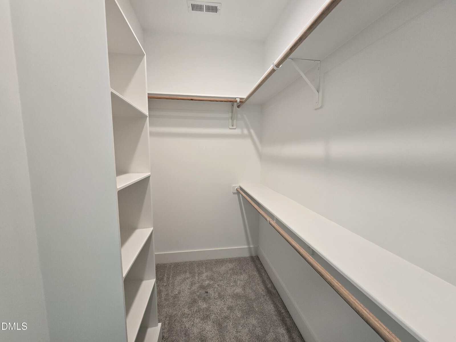 A spacious walk-in closet with light walls, built-in shelves on the left, two wooden hanging rods, and gray carpeted flooring. The closet is empty and well-lit.