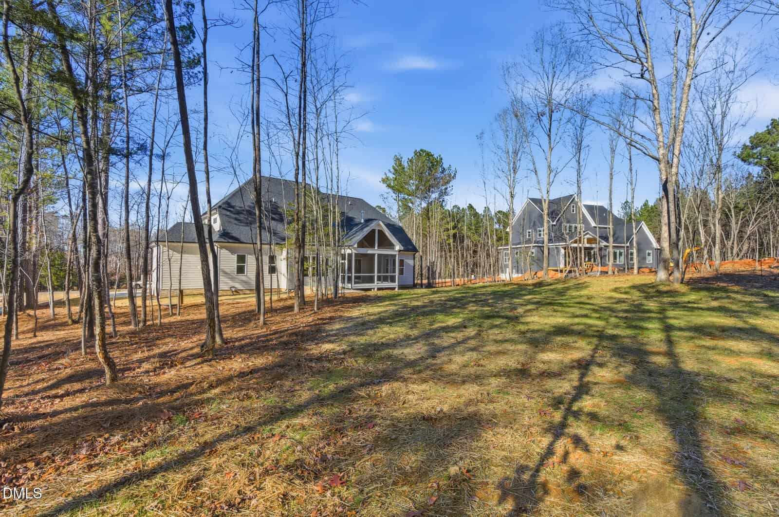 A spacious backyard with tall, leafless trees and two large houses in the background under a clear blue sky. Shadows from the trees stretch across the grass and scattered pine needles cover the ground.