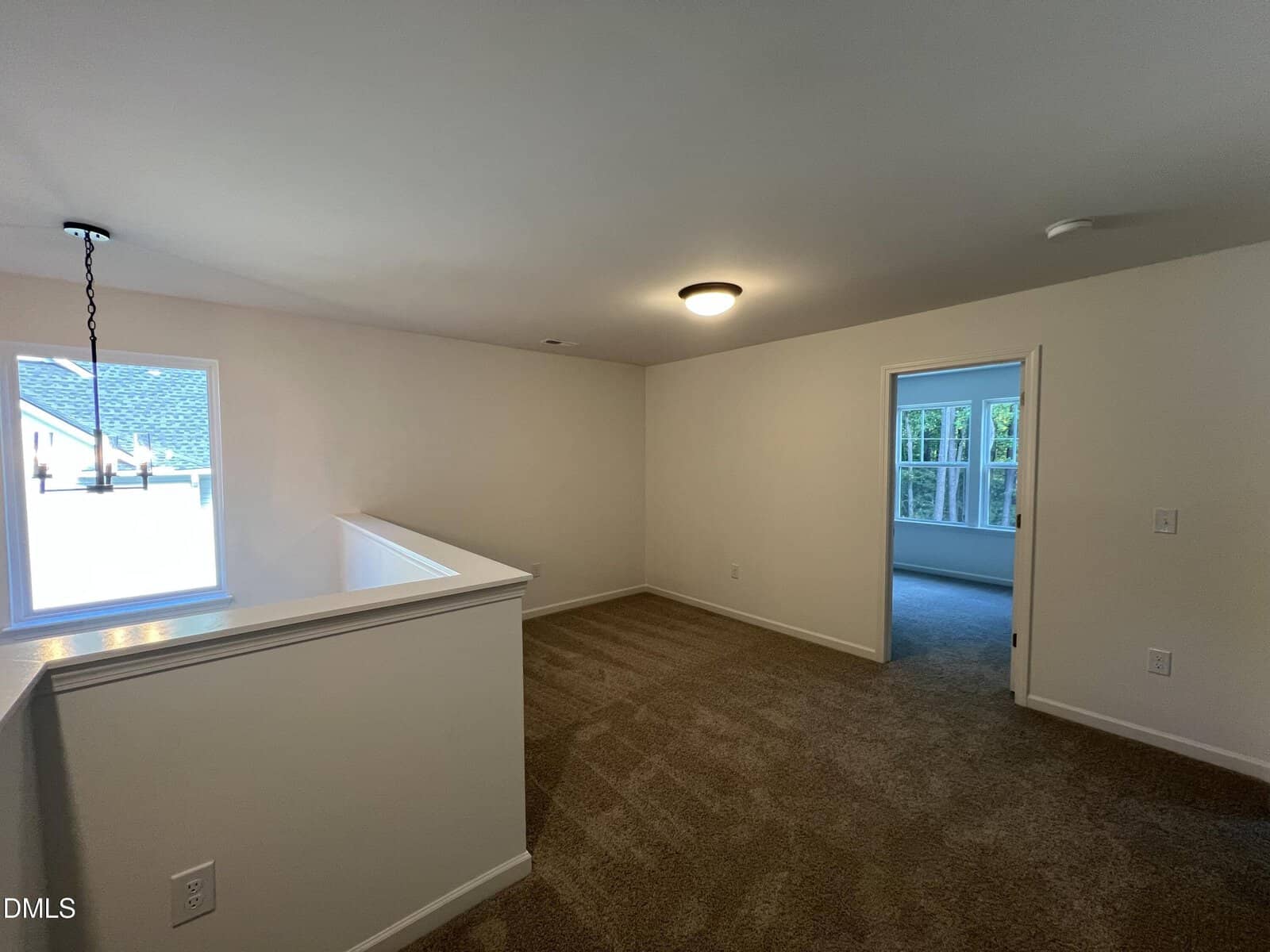 A carpeted room with beige walls, a ceiling light, a railing overlooking a stairway, and an open doorway leading to another room with windows. Natural light enters from both the stairway window and the adjacent room.