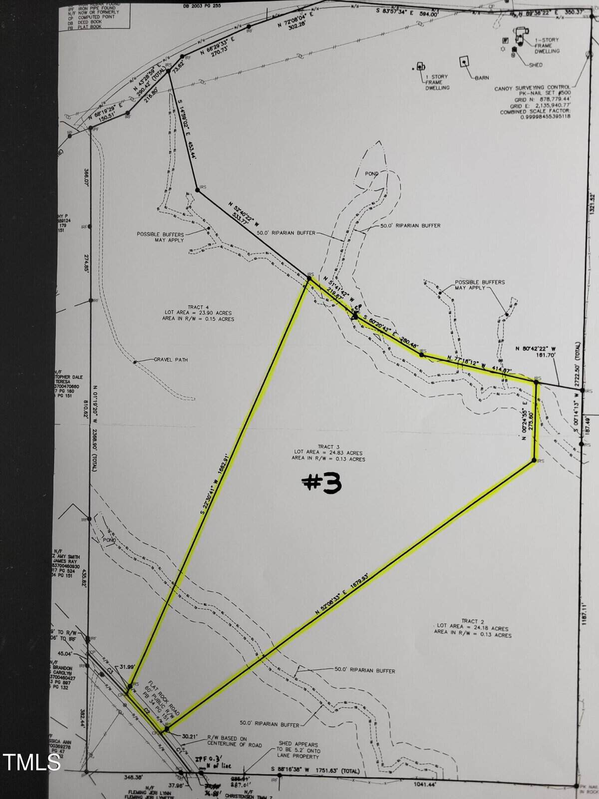 Survey map showing a large, irregularly-shaped lot (#3) outlined in yellow, with boundary measurements, adjacent lots, wooded areas, and labeled topographical features.