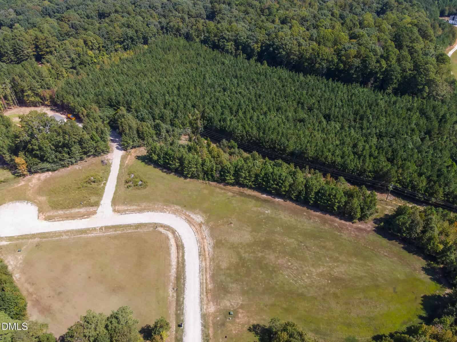 Aerial view of a rural area with a curved dirt road, grassy open spaces, and dense forested sections of tall green trees under a clear sky.