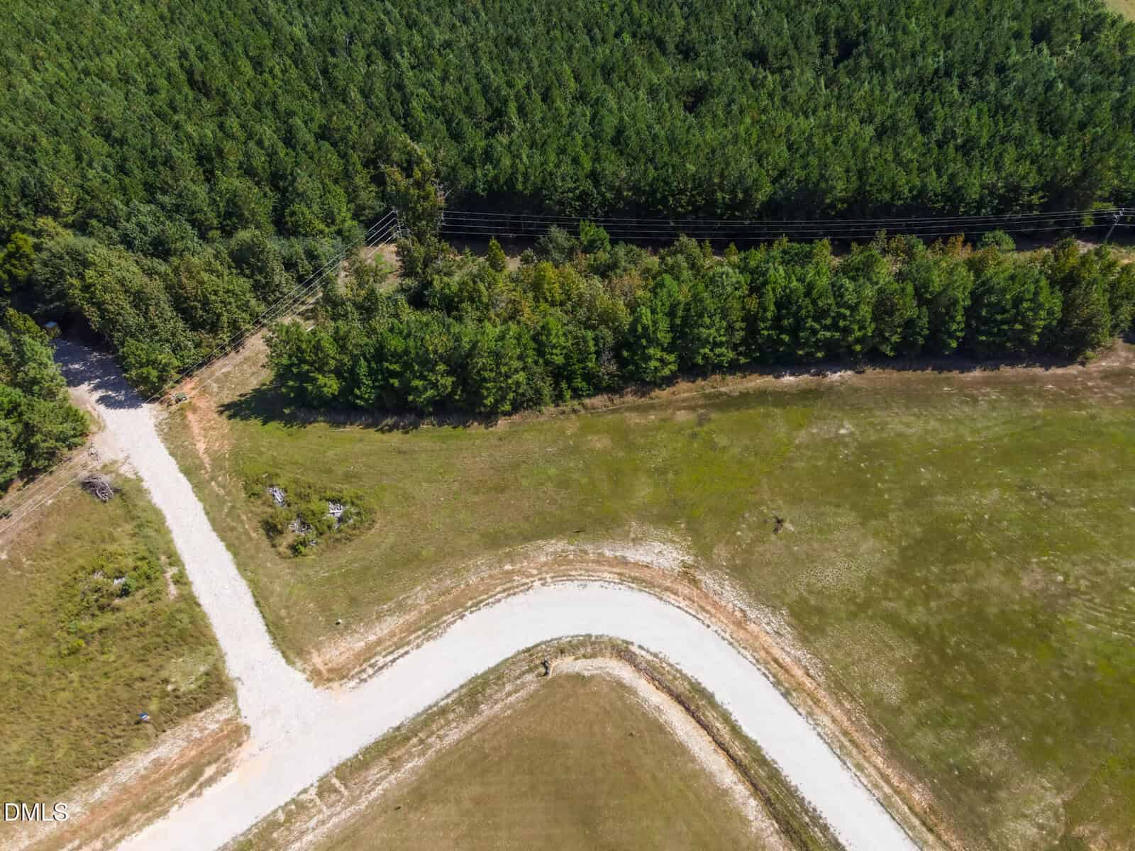 Aerial view of a curved dirt road bordered by grassy fields, leading toward a dense, green forest with power lines running parallel to the trees.