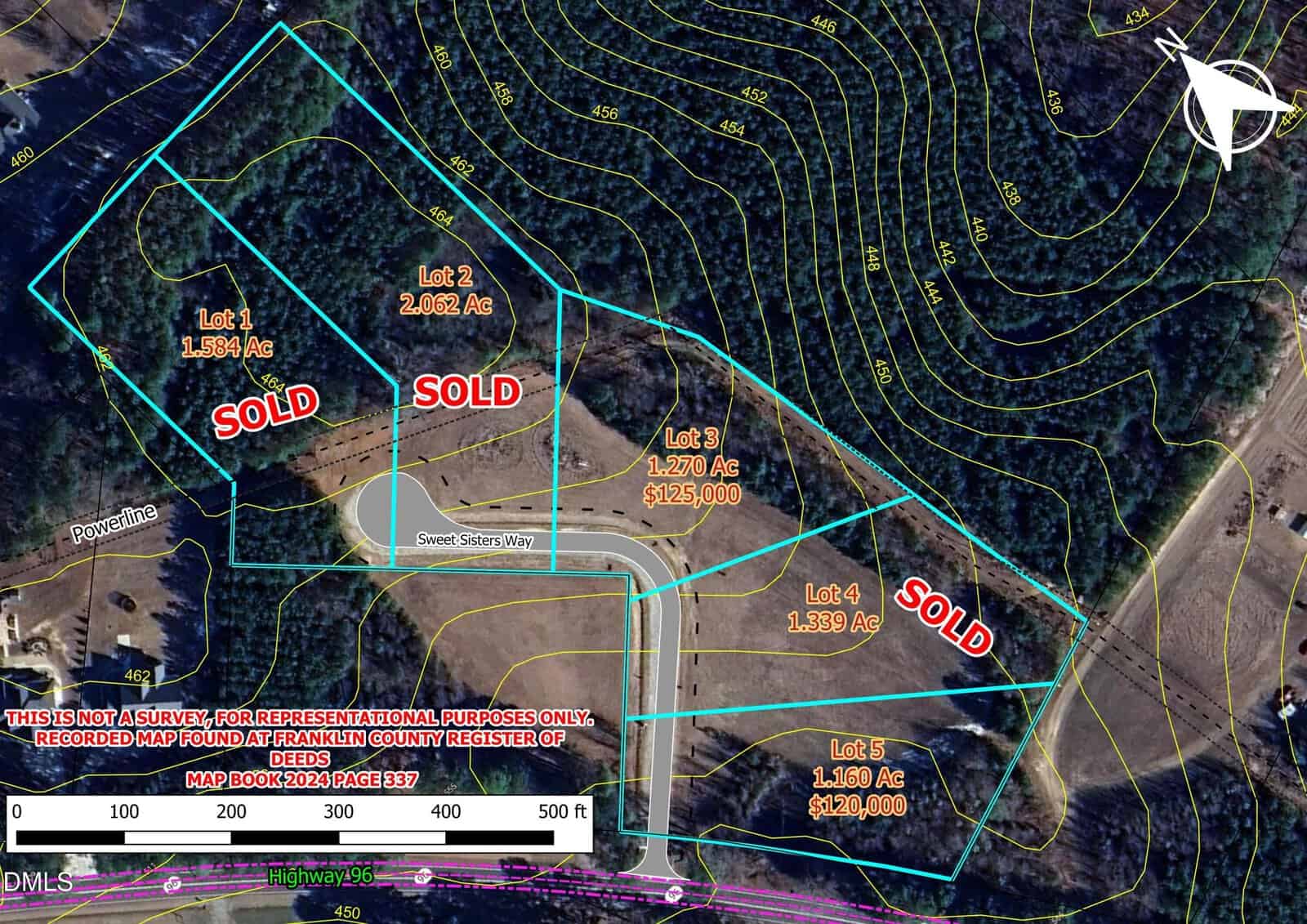 A map showing five outlined lots of land with labels, acreage, and sale status. Three lots are marked "SOLD" in red; two are available with acreages and prices listed. Roads, trees, contours, and a powerline are also visible.