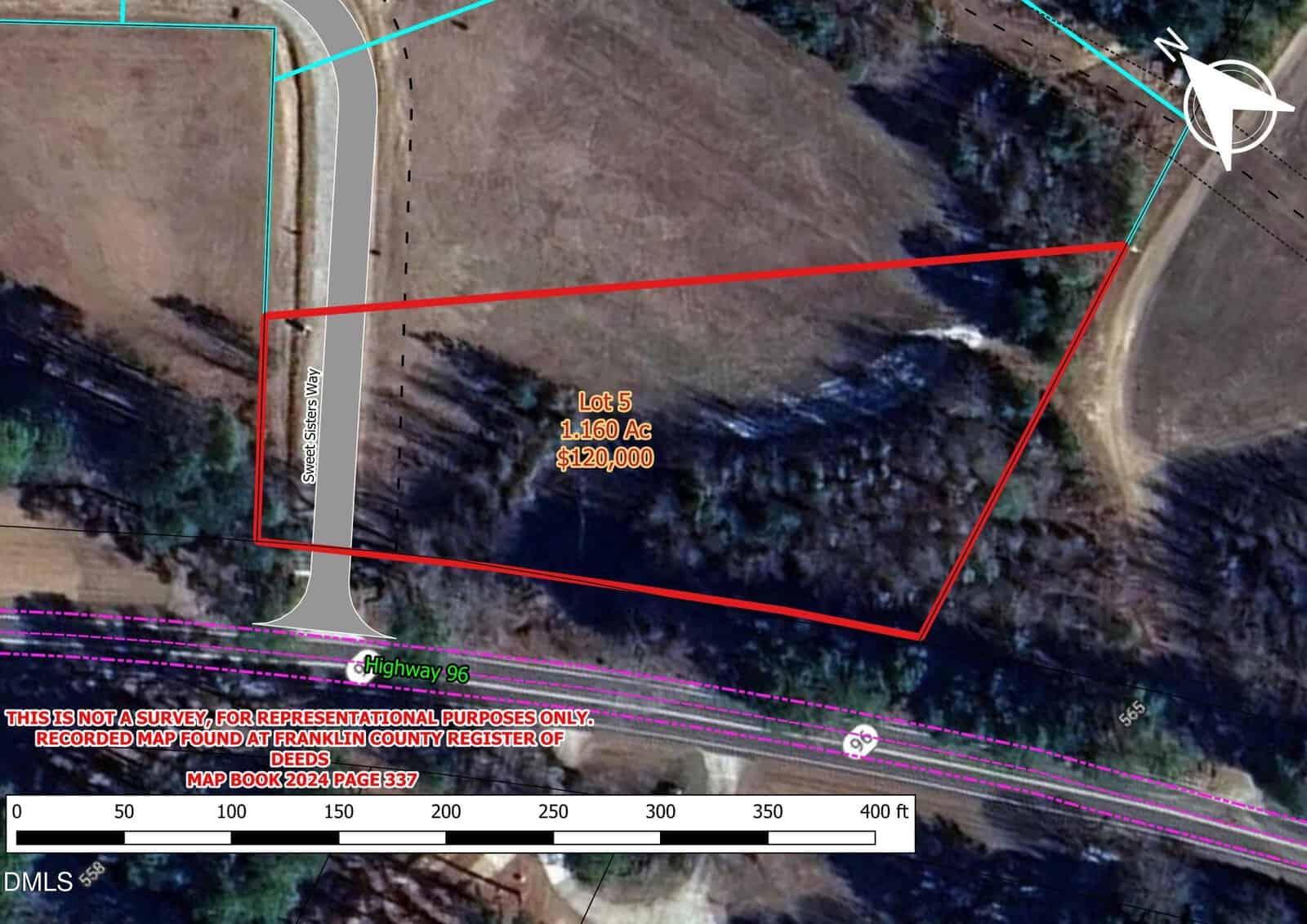 Aerial map showing a triangular lot (Lot 5, 1.160 acres, $120,000) at 5 Sweet Sisters Way, outlined in red and bordered by a road and shaded wooded areas, with a scale bar and disclaimer at the bottom.