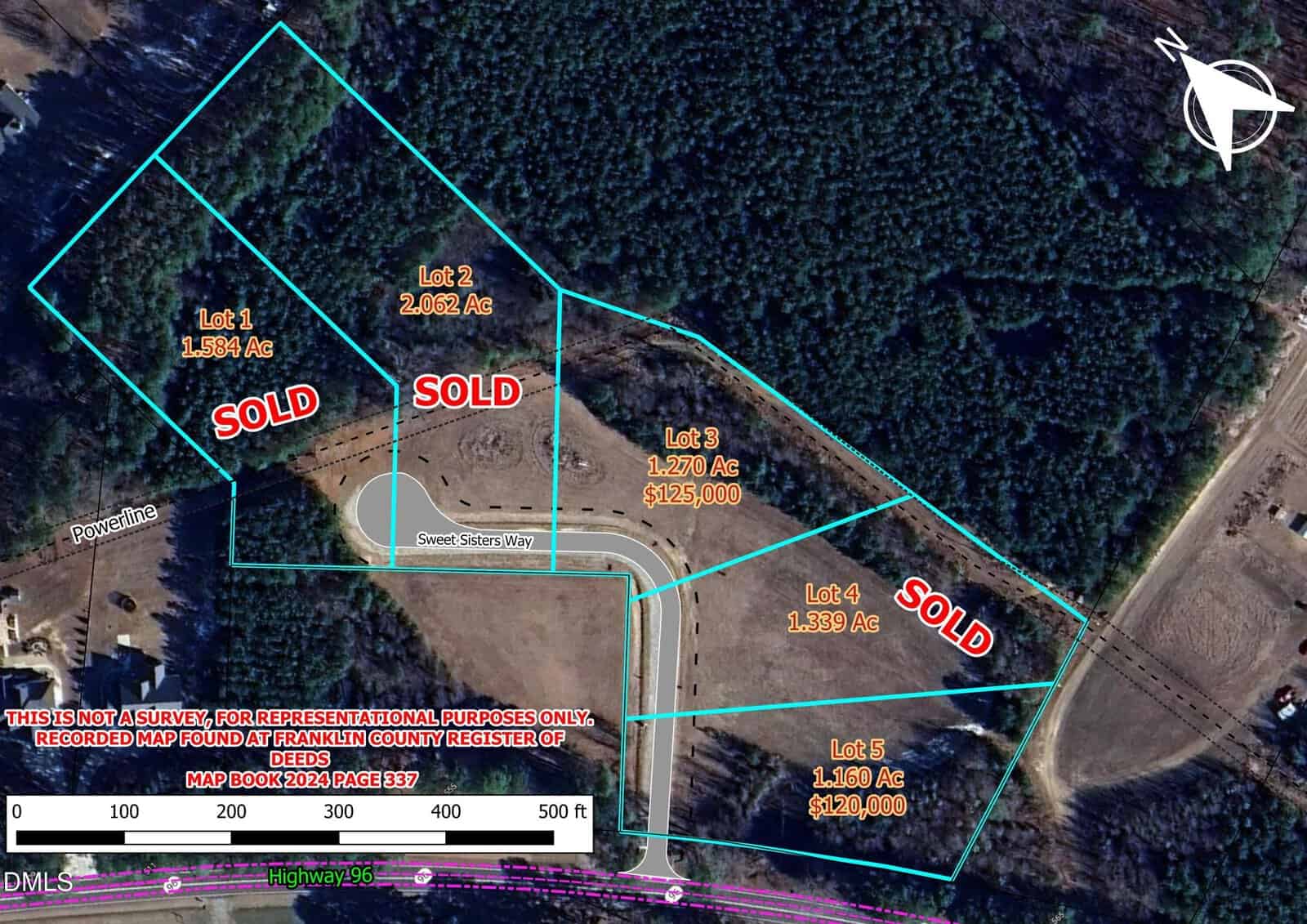 Aerial map of six wooded land lots outlined in blue, three marked “SOLD.” Lot sizes and prices are labeled, along with roads, a compass, and a color-coded note stating it’s not a survey. Scale bar at the bottom.