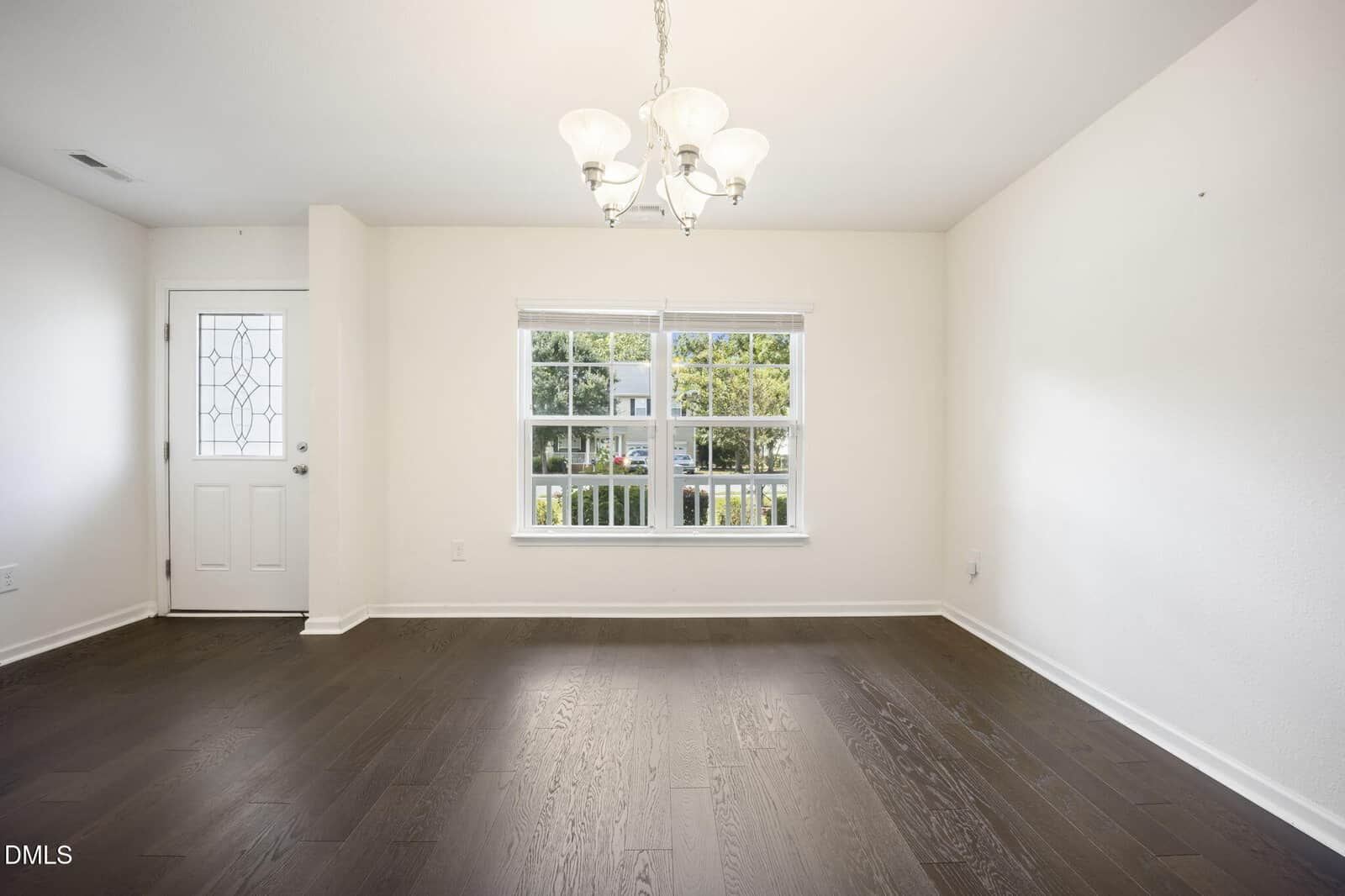 Bright, empty room with dark wood floors, a white door with a glass panel, a large window, and a ceiling light fixture. Natural light fills the space, giving it an open feel.