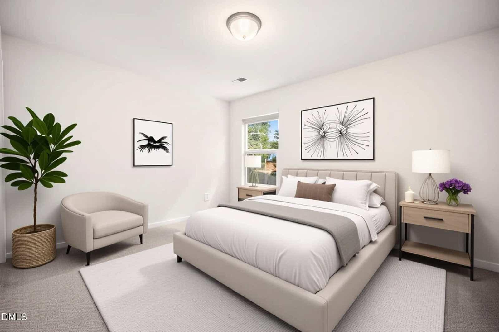 A modern bedroom with a beige upholstered bed, two nightstands with lamps, a potted plant, a beige armchair, two black-and-white artworks on the walls, and a window letting in natural light.