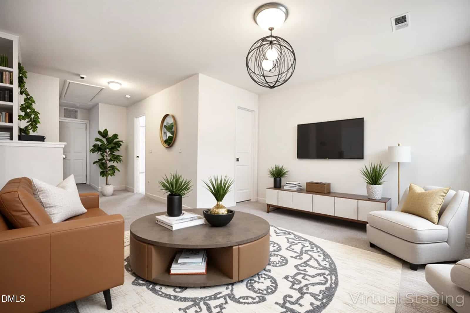 A modern living room with a brown armchair, round coffee table, light armchair with a yellow pillow, and a TV mounted on the wall. Decorative plants and neutral colors create a clean, staged appearance.