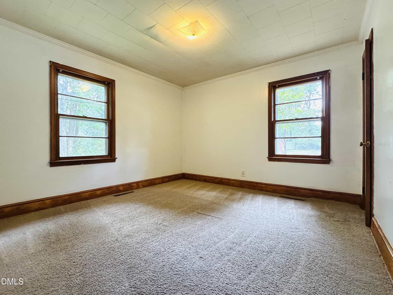 Empty room with beige carpet, white walls, wooden trim, two windows with brown frames, and a single ceiling light. Natural light enters through the windows, illuminating the space.