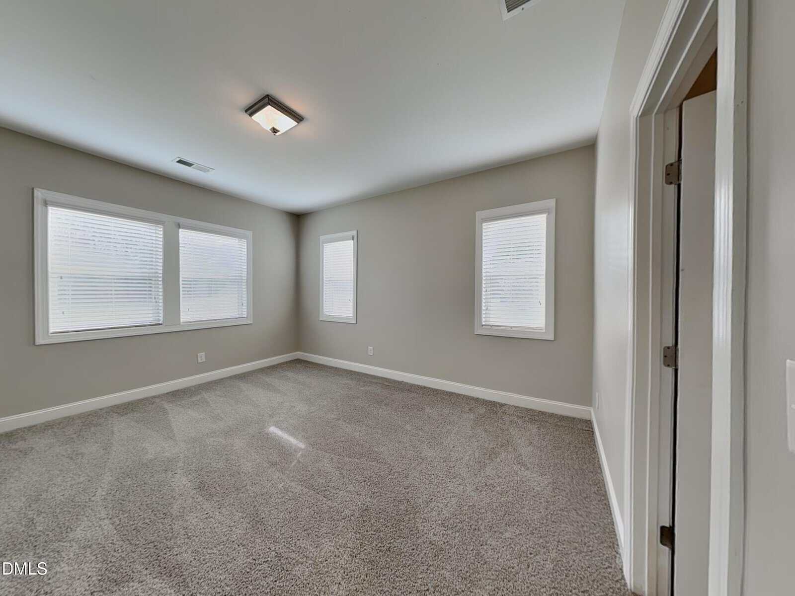 Empty room with beige carpet, light gray walls, three large windows with blinds, a ceiling light fixture, and an open doorway leading to another room or closet.