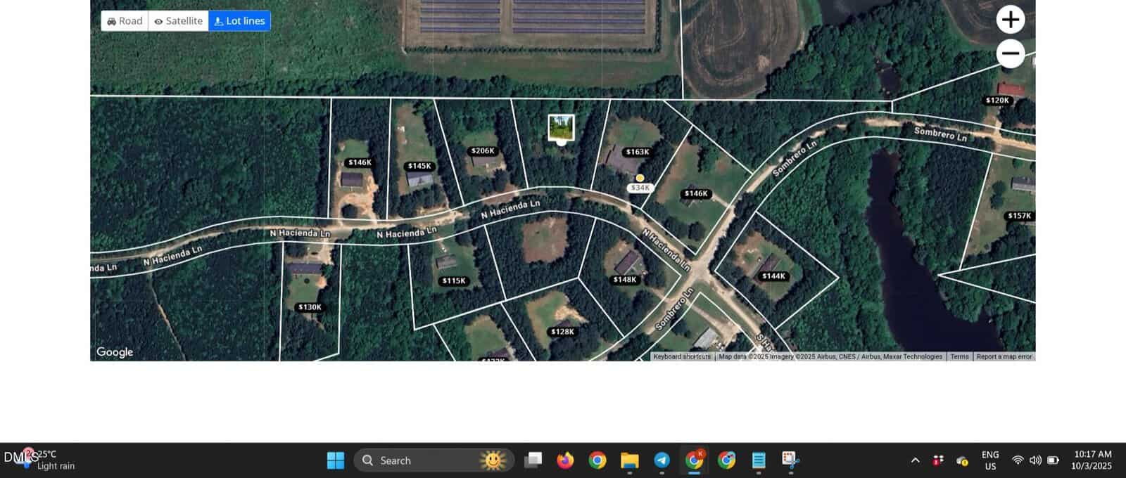 A satellite map view shows a wooded residential neighborhood with property lines and property values labeled. Roads curve through the area, and individual houses and driveways are visible among trees.