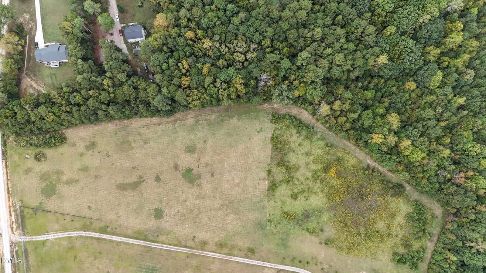 Aerial view of a large grassy field bordered by a forested area, with two houses near the top left and a curved road along the bottom edge of the image.