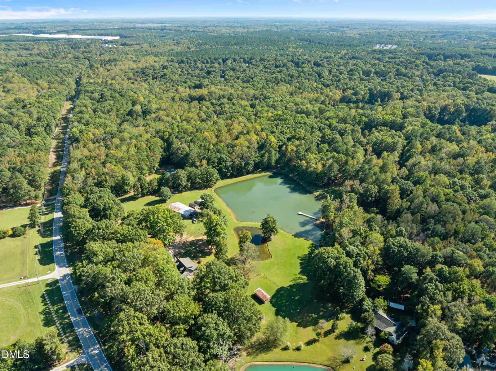 Aerial view of a lush, forested area with a large pond, several buildings, open grassy spaces, and a road running along the left side; the landscape extends into the distance under a partly cloudy sky.