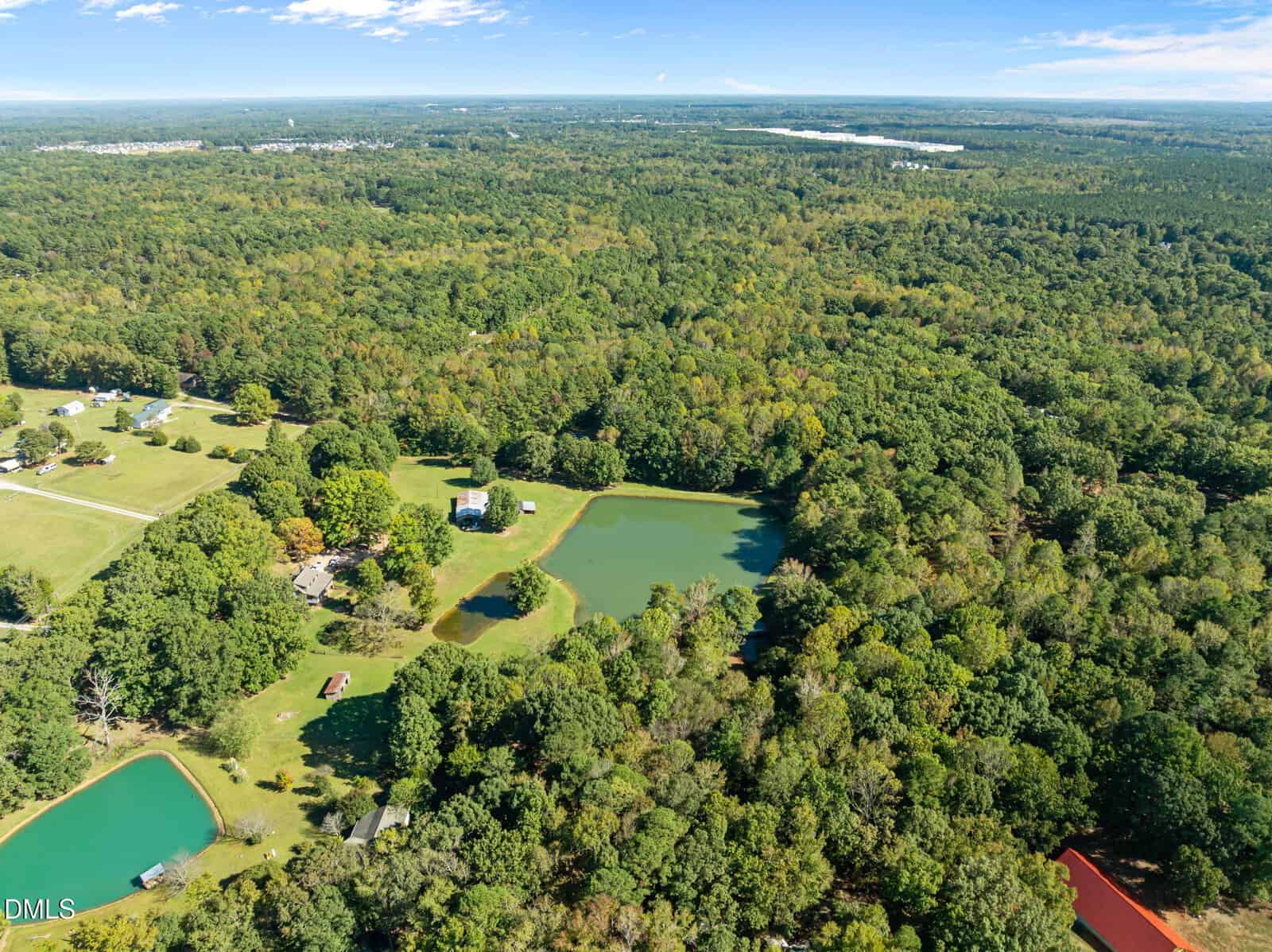 Aerial view of a rural landscape featuring dense green forest, several small lakes or ponds, scattered houses, and open grassy areas under a clear blue sky.