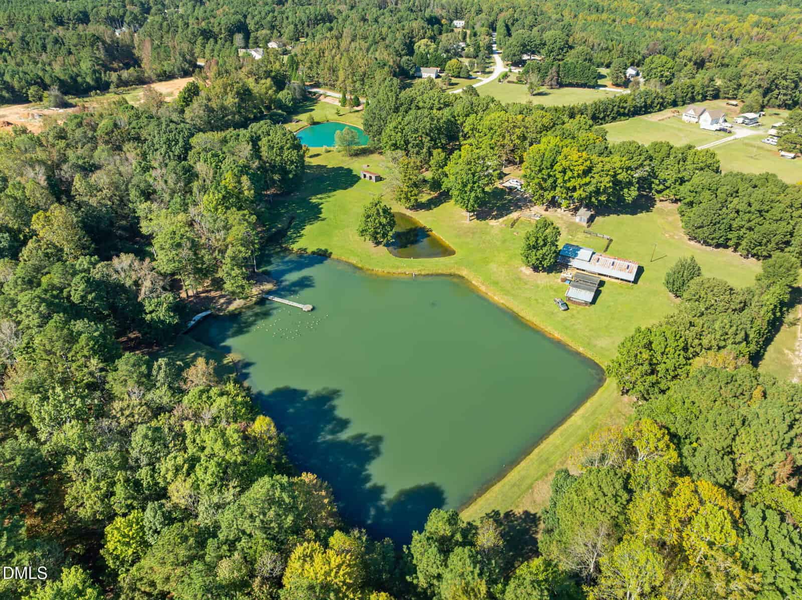 Aerial view of a rural landscape featuring a large pond with a dock, grassy fields, scattered trees, several houses, and outbuildings surrounded by forested areas under a clear sky.