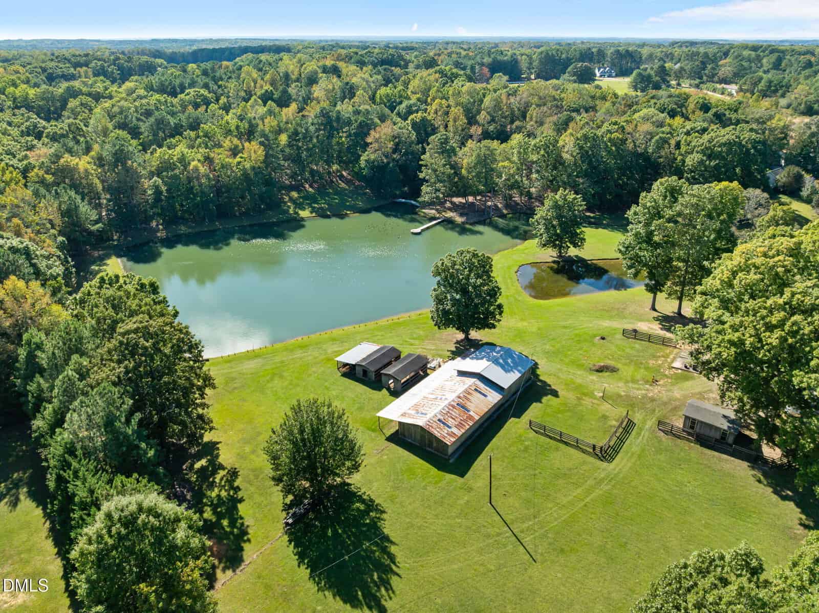 Aerial view of a green landscape with a large pond, open grassy area, scattered trees, a white-roofed barn, small buildings, and fenced enclosures under a sunny sky.