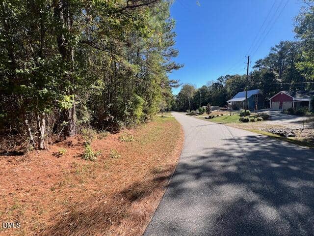 A quiet, sunlit rural road curves through a wooded area with tall trees on the left and a few houses, including one with a red roof, on the right under a clear blue sky.