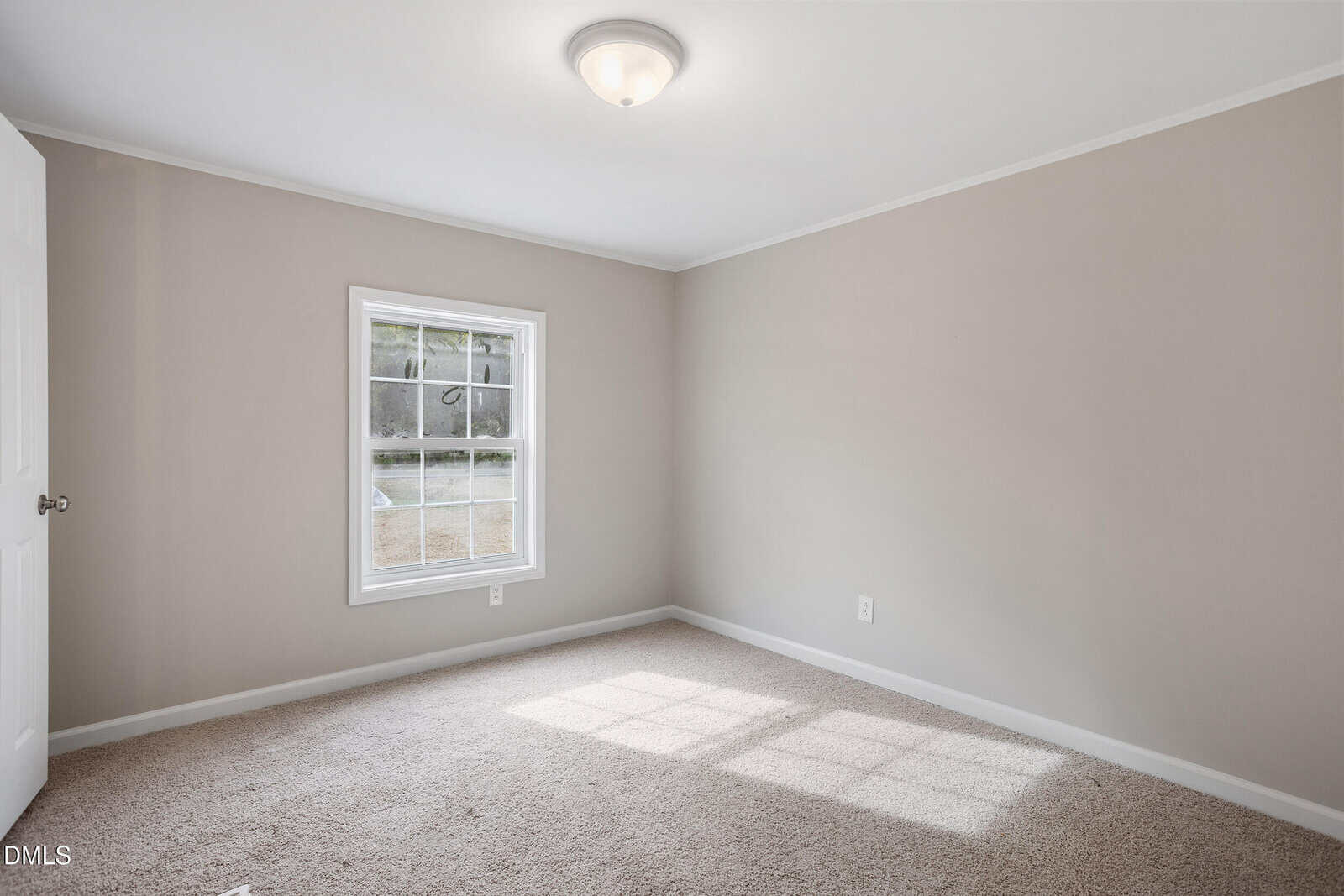 Empty room with beige walls, beige carpet, a white ceiling, a window letting in natural light, and a closed white door on the left side. Ceiling light fixture is on.