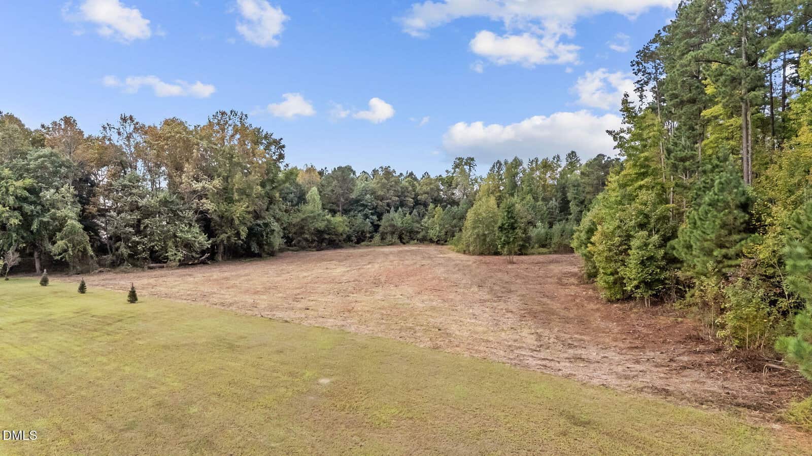 A large, open grassy field bordered by tall trees and dense woodland under a partly cloudy sky. The area appears cleared, with a mix of green and brown hues in the grass and trees.