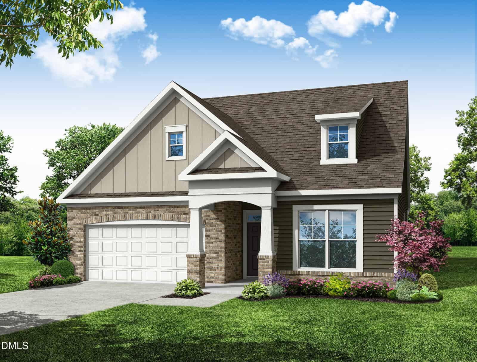A modern suburban house with a gabled roof, brick and siding exterior, two-car garage, front porch, large windows, and landscaped yard with green grass, shrubs, and small trees under a blue sky with clouds.