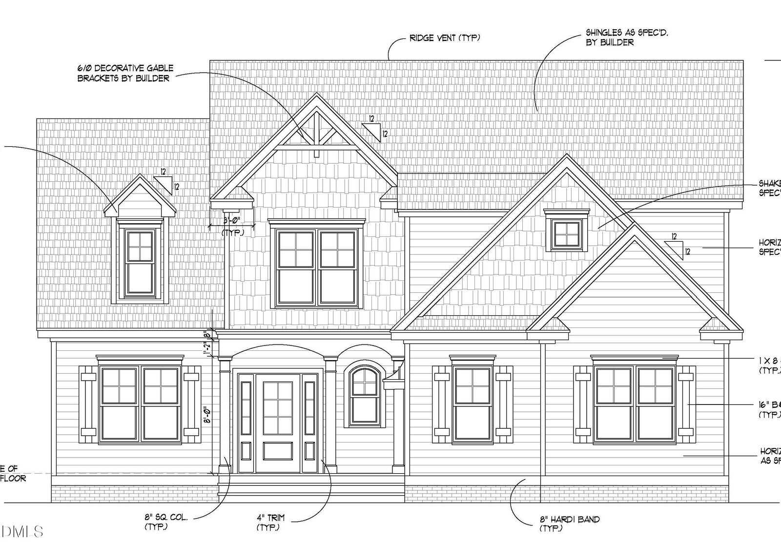 Architectural drawing of a two-story house exterior, showing detailed rooflines, windows, front entrance, trim, and construction notes. The house features multiple gables and a covered entryway with columns.