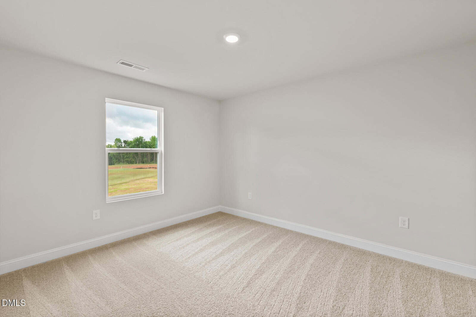 Bright, empty room with beige carpet, plain white walls, a single window showing greenery outside, white trim, ceiling light, and visible electrical outlets.