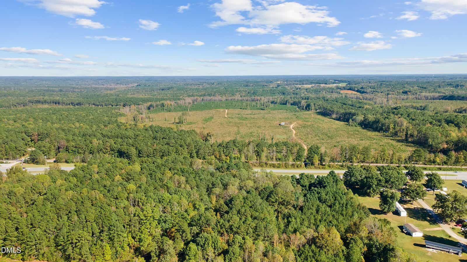 Aerial view of a rural landscape with dense green forest, a cleared field in the center, scattered houses, and a road running through the bottom of the image under a blue sky with scattered clouds.