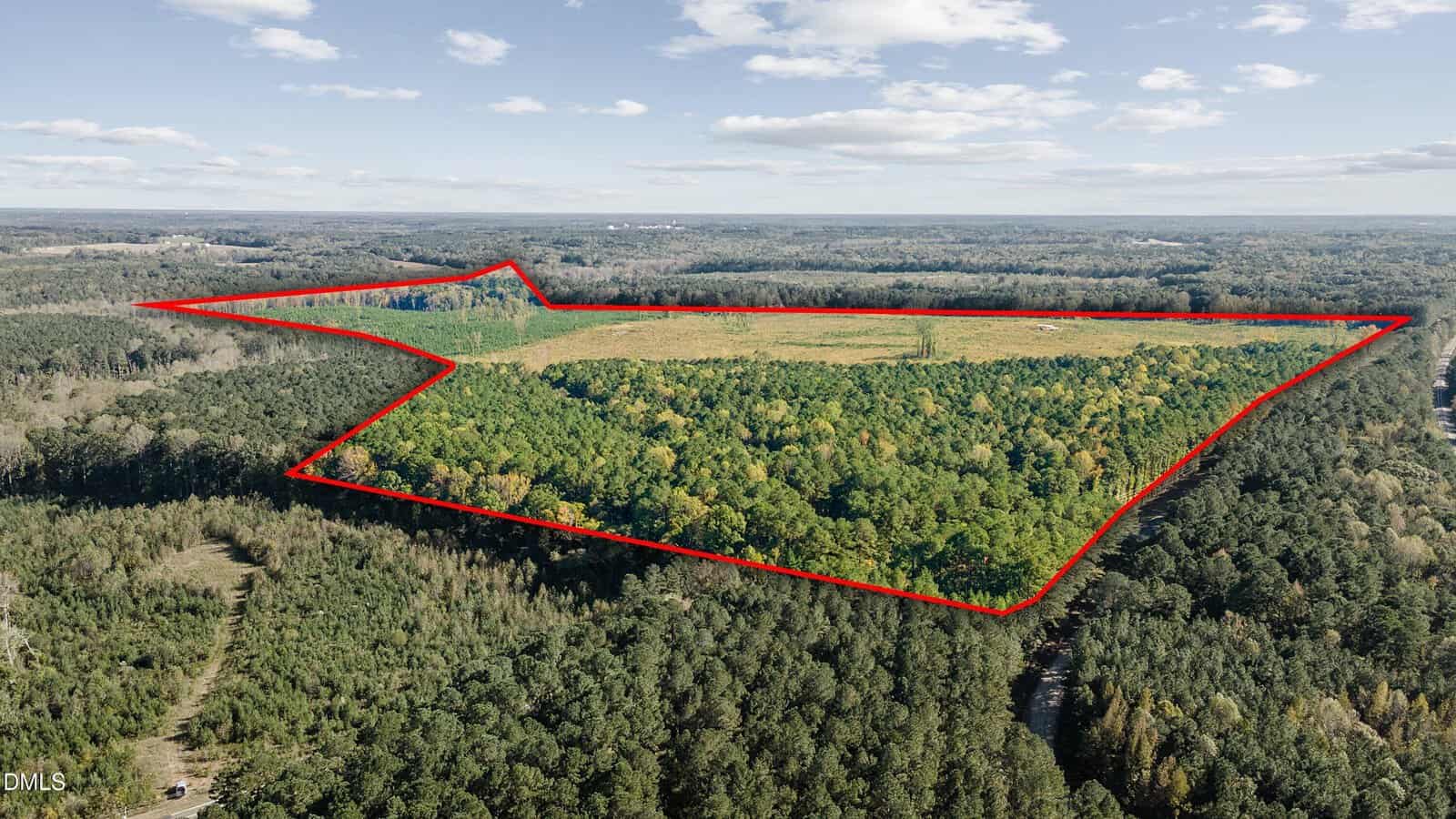 Aerial view of a large, mostly forested area with a clearing in the middle. The property boundaries are outlined in red, surrounded by dense trees and neighboring wooded land under a partly cloudy sky.