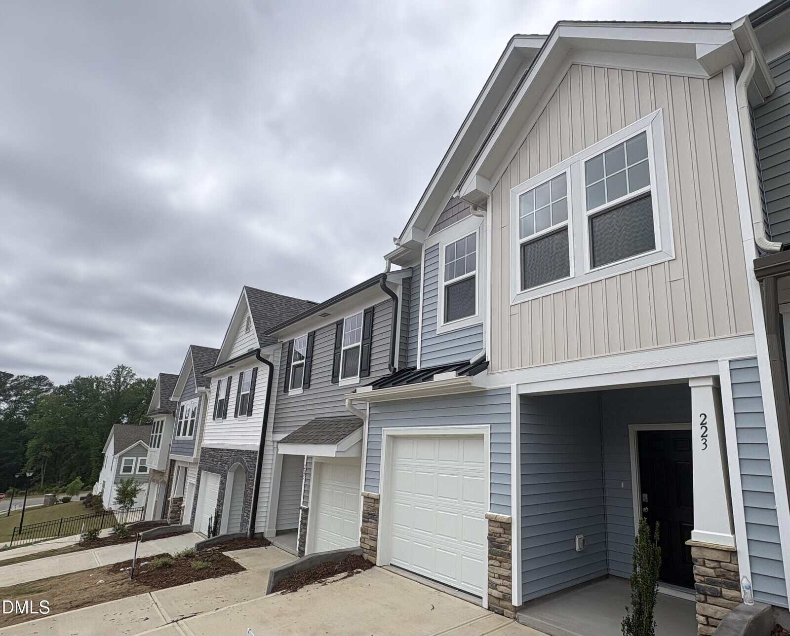 Row of modern townhouses with light blue, beige, and gray siding, attached garages, and small front yards on a cloudy day, located at 223 Alberta Drive 201 in Franklinton. House number 223 is visible near the entrance of one home.