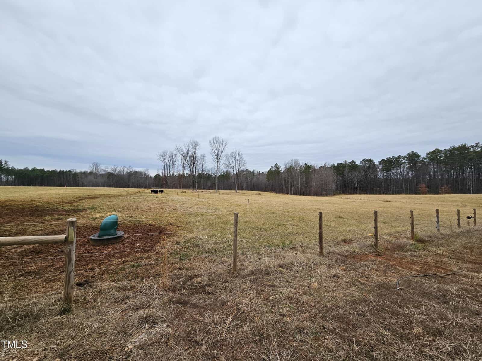 A large, open grassy field bordered by a wooden fence, with leafless trees in the distance under a cloudy sky. There is a green dome-shaped object and some equipment on the left side of the field.