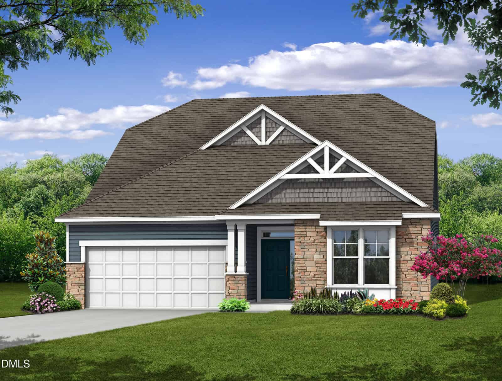 A modern single-story house with a gray shingle roof, stone and blue siding exterior, white trim, a two-car garage, front porch, green lawn, and colorful landscaping under a blue sky with clouds.