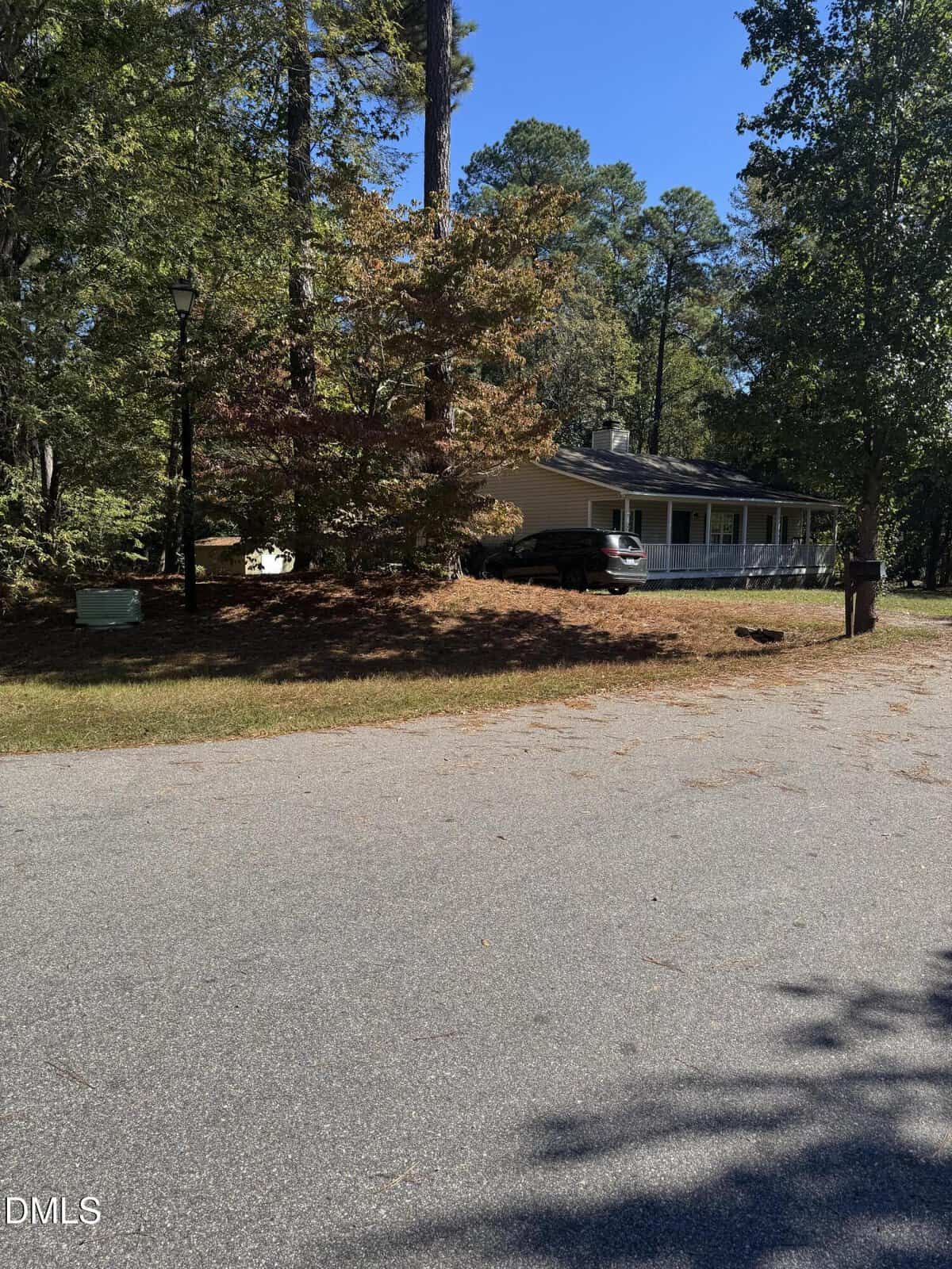 A single-story beige house with a porch is partially hidden behind tall trees and bushes. A black vehicle is parked in the driveway, and sunlight filters through the trees onto the yard and street.