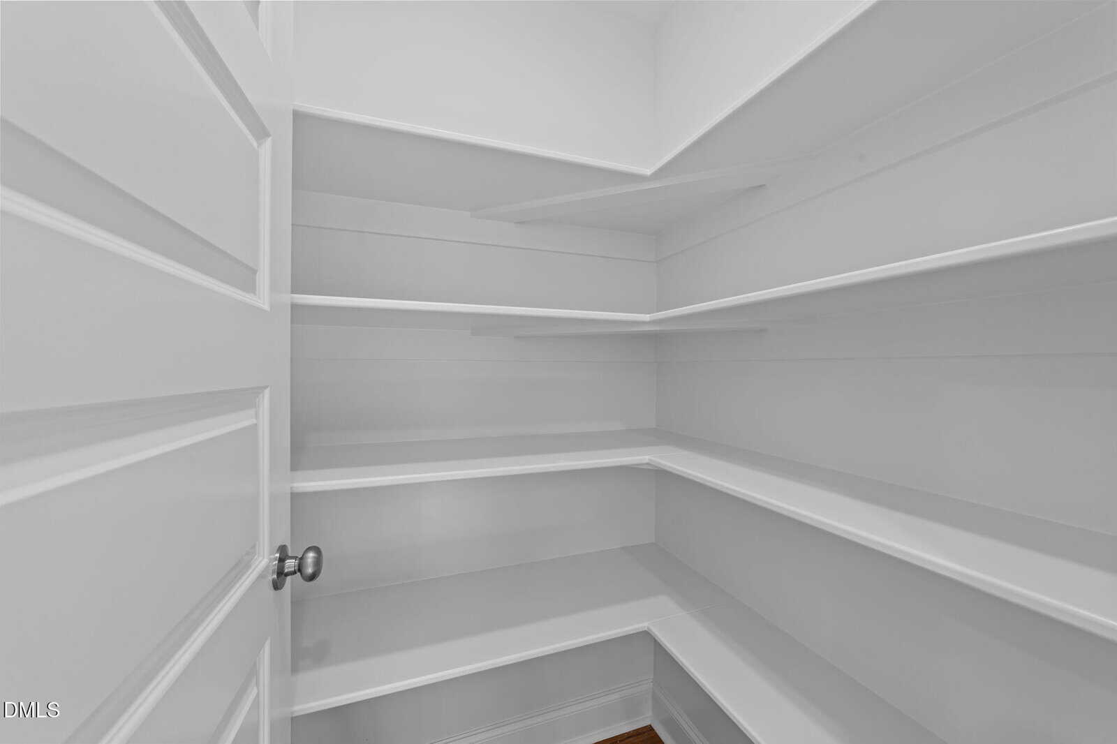 A white, empty walk-in pantry with multiple shelves on three walls and a door partially open, viewed from the doorway.