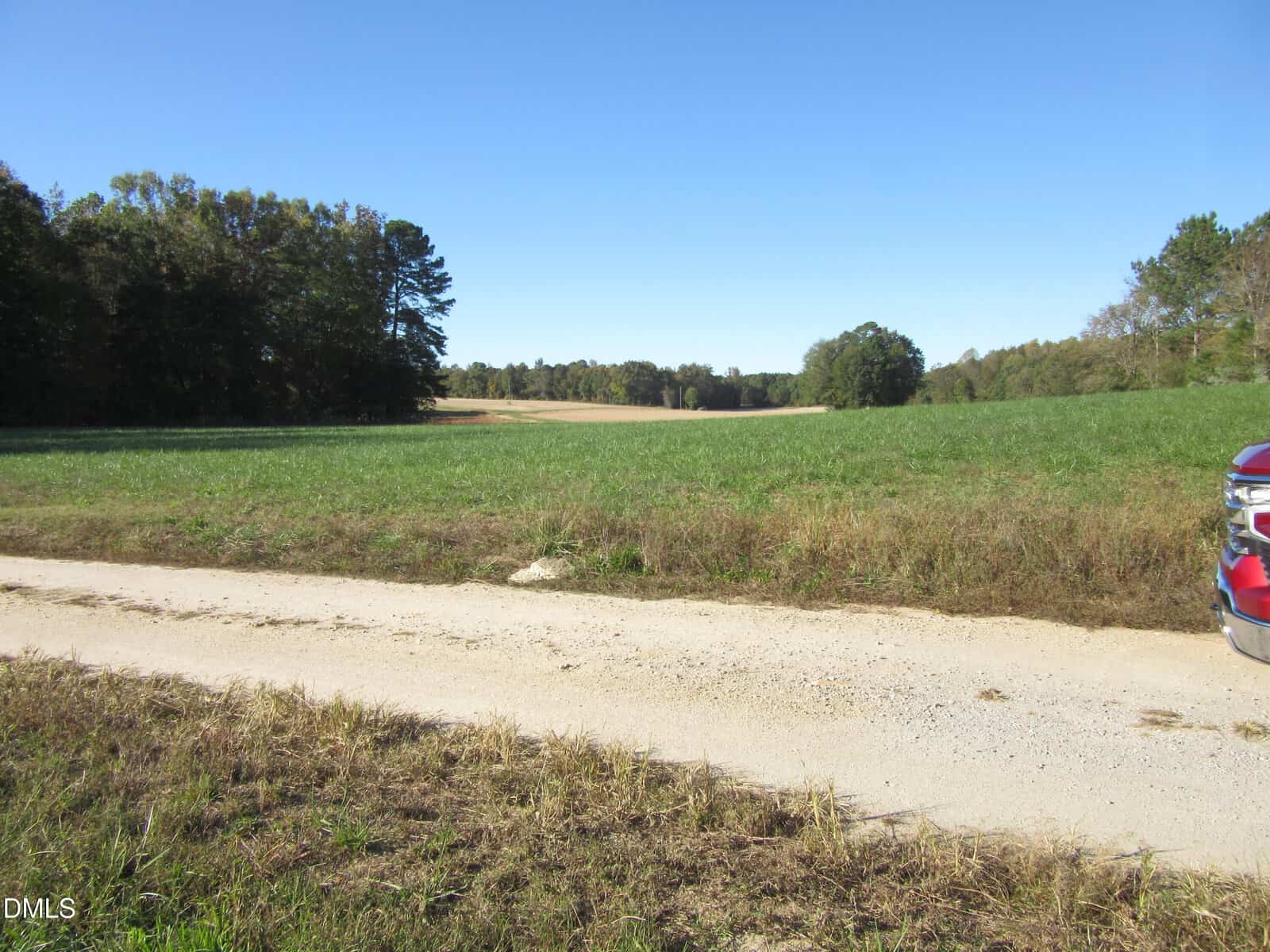 A rural landscape with a dirt road in the foreground, green grassy fields, and trees lining the horizon under a clear blue sky; part of a red vehicle is visible on the right side.